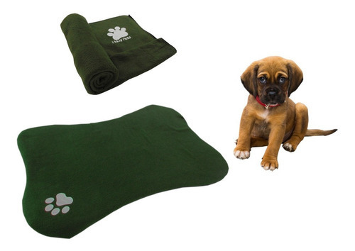 Cama En Forma De Hueso Para Mascotas + Cobija Grande Color Verde