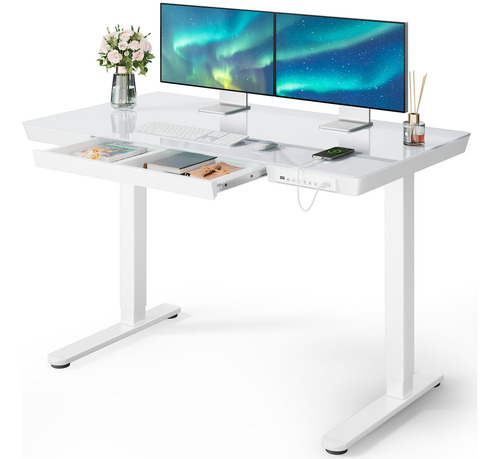 Escritorio De Pie De Cristal Ajustable Con Puertos Usb