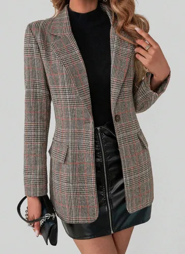 Blazer Feminino De Xadrez Com Lapela E Manga Longa Logans