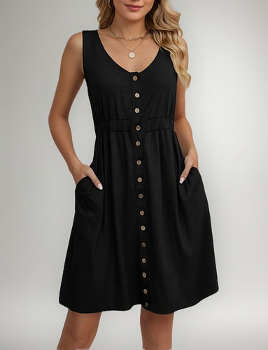 Vestido Sin Mangas Con Botones Cuello Redondo Mujer Con
