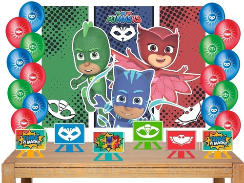 Kit Decoração Festa Pj Masks Com Display Mesa Balões Painel