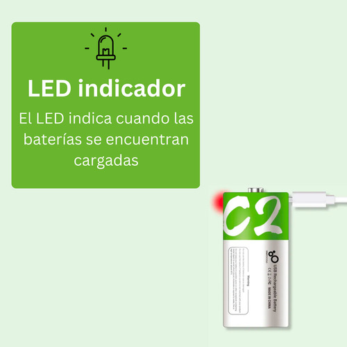 Paquete De 2 Pilas C Oxyglow Recargables Usb C 5600mwh 1.5v Carga Rápida Alta Duración Ideales Para Juguetes, Linternas (verde)