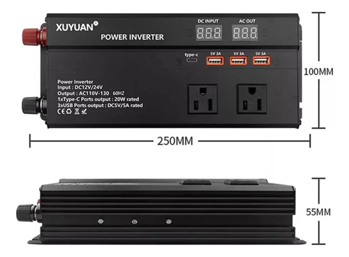 Inversor Coche 12v24v A 110v Pantalla Led 1200w 60hz
