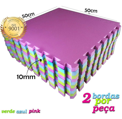 12 Tapete Eva Tatame Infantil 50x50 10mm Verde Pink Azul