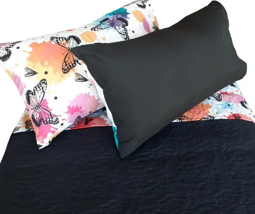 Imagen 2 de 2 de Cubrelecho Estampado Doble Faz + 2 Fundas Para Cama Queen