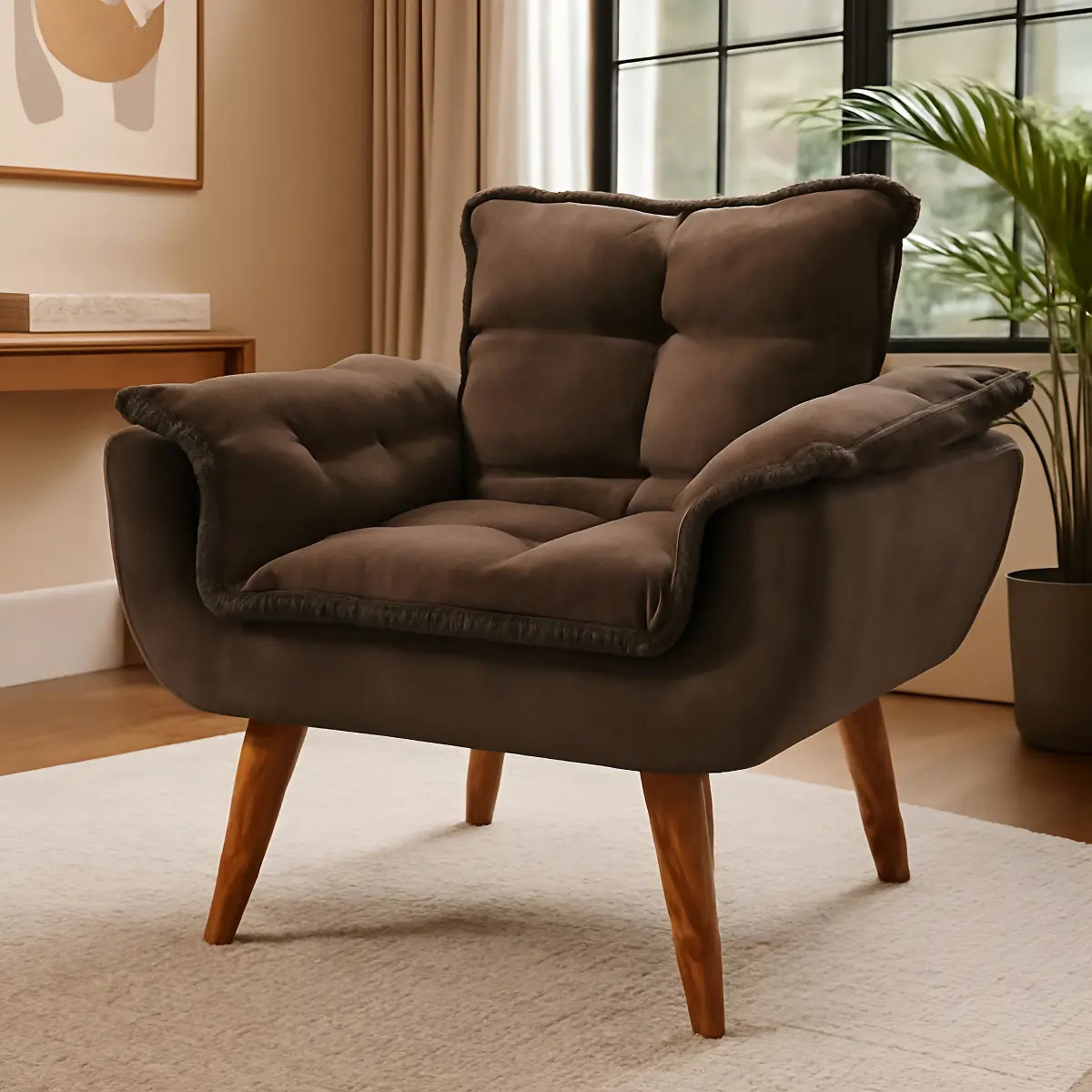 Poltrona Decorativa Opala Confortável Suede Porto Decor Cor Marrom