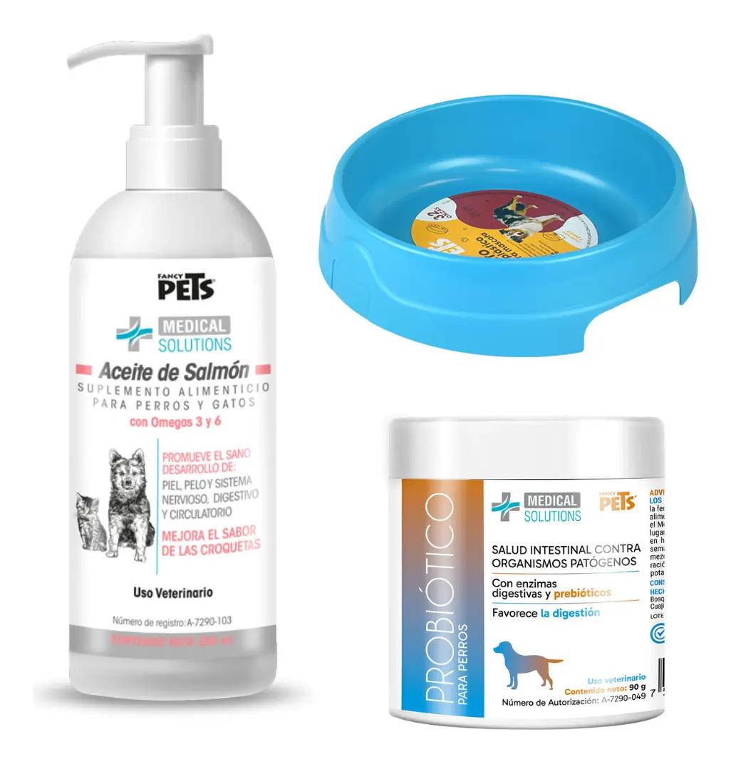 Kit Nutrición Perro Probiotico + Aceite De Salmon + Plato