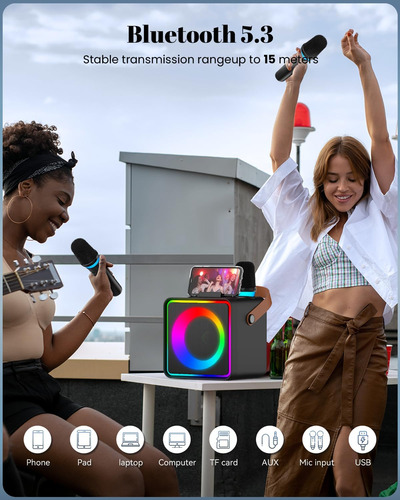 Máquina De Karaoke 2 Micrófonos Inalámbricos Bluetooth Portá