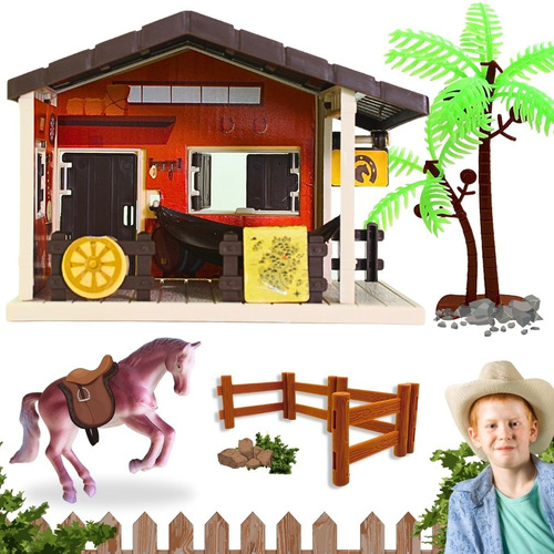 Kit Fazenda Brinquedo Realista Menino + Cavalo E Cerca Top