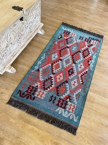 Tapete Kilim Diseño Antep 120x60 Cm - Kayi Turquesa Con Nara