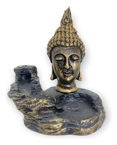 Incensário Cascata Cabeça Buda Dourado 11 Cm Em Resina