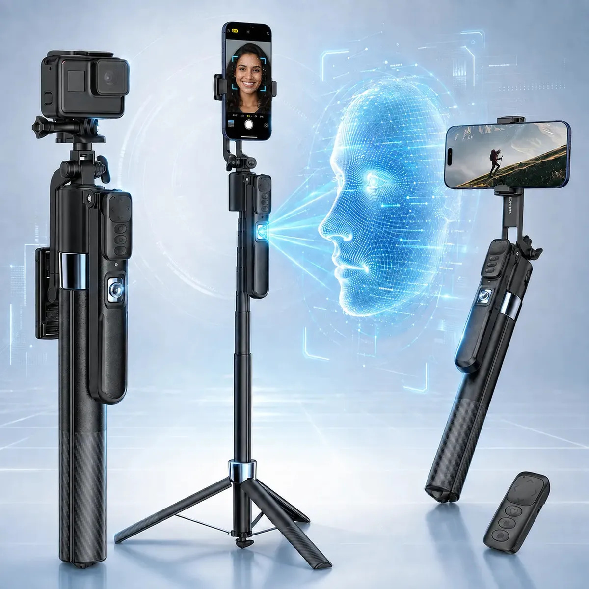 Tripé Inteligente 188 cm com Rastreamento Facial AI Para Celular Câmera Suporte 360° Erotação Com Controle Remoto Bluetooth Sem Fio Para iPhone Android Pocket 4/3, Gopro, Vídeo Streaming Vlog