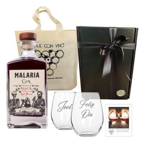 Box Kit Gin Malaria Black + 2 Vasos Personalizados Grabados