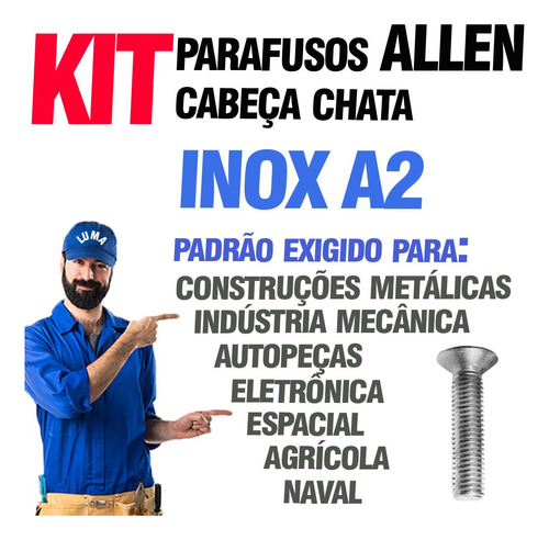 Parafuso Allen Cabeça Chata M10 X 70 Aço Inox A2 - 10 Peças