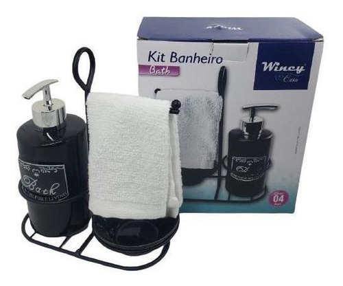 Kit 4 Peças Banheiro Cerâmica Suporte Grade Com Toalha Preto