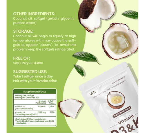 Qvq Vitamina D3 10000 Ui Y K2 Mk7 Aceite De Coco 300 Caps