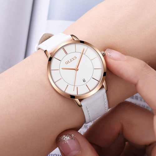 Olevs Relojes Para Mujer Correa De Cuero Blanco Para Mujer R