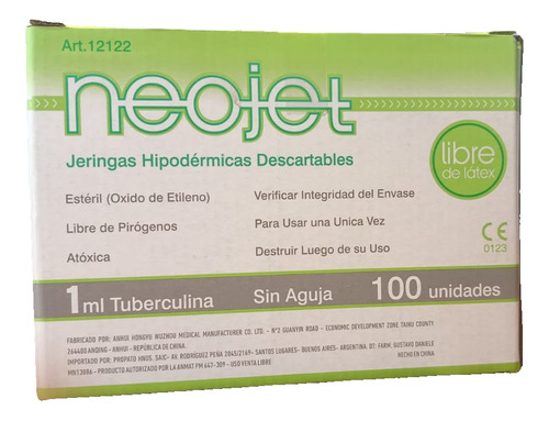 Jeringa Neojet 1ml Tuberculina Sin Aguja X100 Unidades