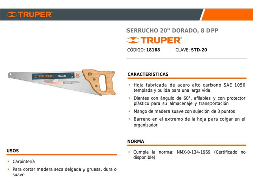 Imagen 3 de 10 de Serrucho Carpintero Acero Mango Madera 20 Pulgadas Truper