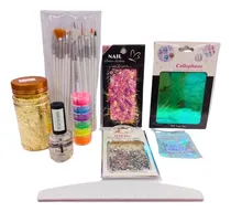 Comprar Kit Decoracion Uñas, Pigmentos, Pinceles, Papel Oro Stras Ht