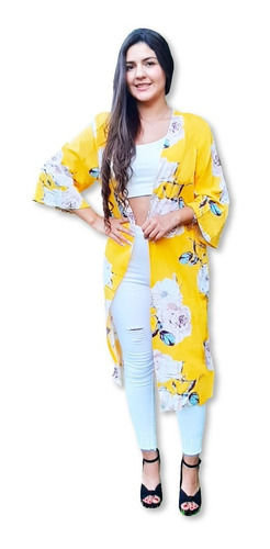 Kimono Amarillo Estampado Floral Mujer Modelo Hera