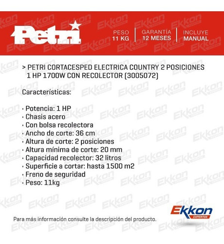 Imagen 2 de 8 de Cortadora De Pasto Eléctrica Petri Bolsa Recolectora 1 Hp