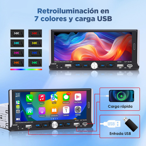 Autoestereos Pantallas Hoviz Auto Estéreo 1din Ips Hd Inalámbrico Carplay Android Auto Bt Fm Rds Rca Negro Estereo Pantalla 6.9 Pulgadas Reproductor Multimedia Auto Pantalla Para Auto H30