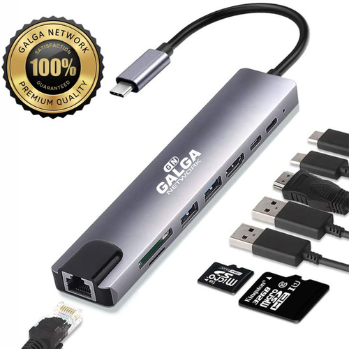 Imagen 1 de 10 de Hub Adaptador Macbook 8-1 Largo Hdmi-sd-micro-rj45-usb3.0-tc