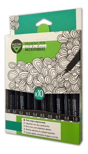 Marcador Pizzini Microfibra Drawing Pen X 10 Trazos Negro