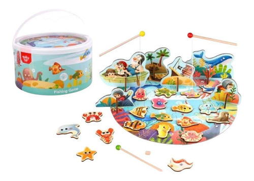 Jogo Pesca Com Caixa De Madeira Imã Tooky Toy