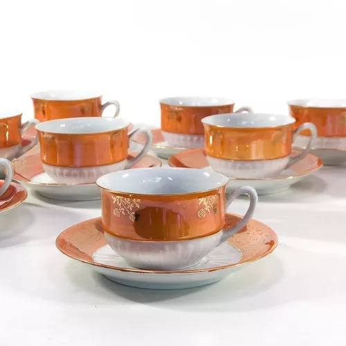 Antigo Conjunto De Cha Porcelana Laranja E Ouro - Império dos