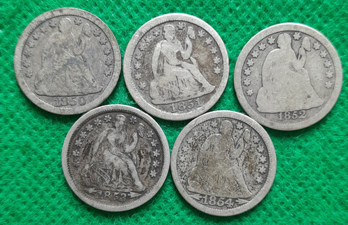 5 Monedas De 10 Centavos En Plata, Eeuu, Diferentes Años.