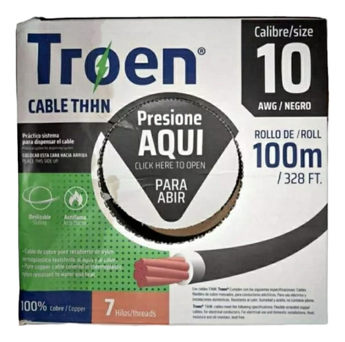 Cable #10 Troen Thhn 90° Grados 100% Cobre 7 Hilos 100 Mts