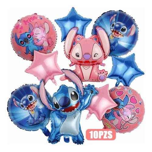 Bouquet X10 Globos Metalizados Stitch Y Angel