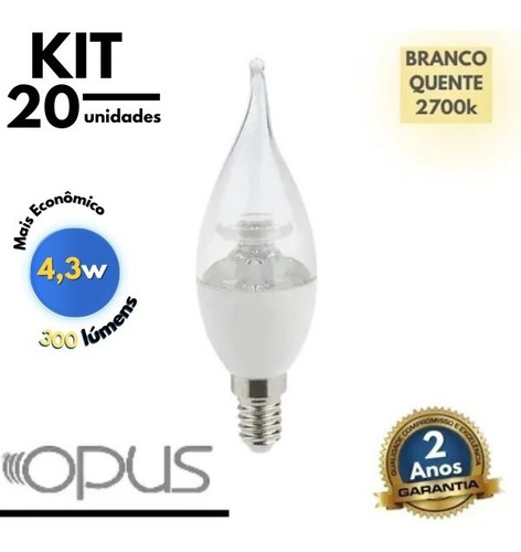 Imagem 2 de 5 de Kit 20lampada Led Vela Chama Dimerizável Opus 4,3w 2700k Biv