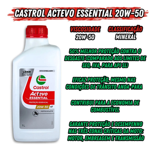 Óleo Motor Moto Castrol Actevo Essential 4t 20w-50-2 Litros