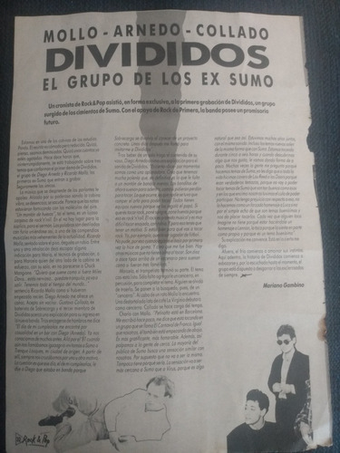 Clipping Divididos. Revista Rock And Pop . 1989. Sumo
