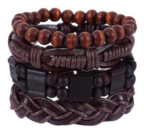 Conjunto Pulsera Brazalete Hombre Cuero 4 En 1