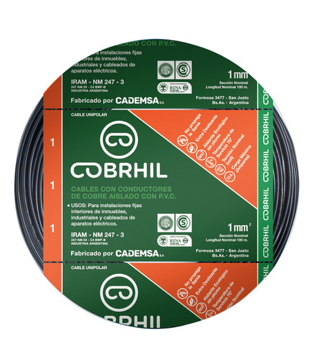 Cable Unipolar Normalizado Cobrhil 1 Mm Rollo 50 Mts Cubierta Negro