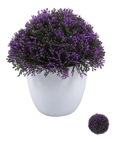 Planta Artificial Con Flores Morado -maceta Blanca Circular