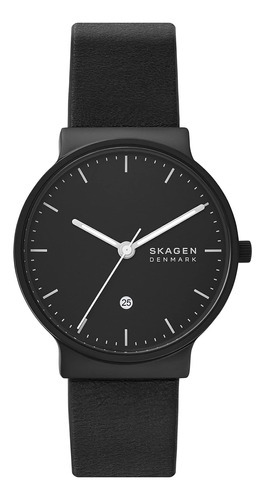 Relógio de couro preto Skagen Ancher com três ponteiros e Fec