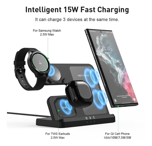 Imagen 2 de 9 de Soporte Cargador Inalámbrico 3 En 1 Para Samsung