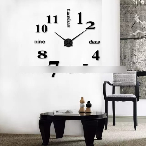 Reloj 3d Gigante 120cm Negro Pared Decor Espejo Black Ingles