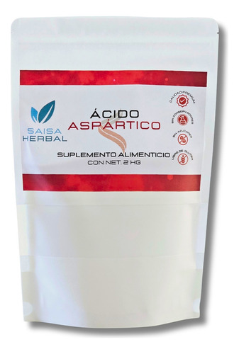 Acido Aspártico Bolsa Con 2 Kg 100% Puro Saisa Herbal Sabor Natural