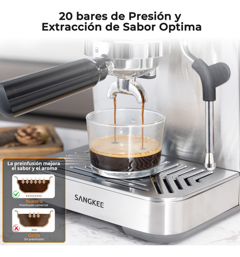 Sangkee Máquina de espresso con Cold Brew, Cafetera Espresso Profesional con Varilla de Vapor para Espumar Leche para Lattes y Capuchinos, Máquina de Café Espresso con Pantalla LED (Acero Inoxidable)