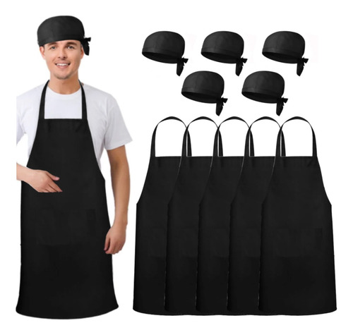5 Delantal De Chef Impermeables Y 5 Gorros De Chef Ajustable