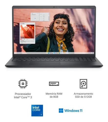 Notebook Dell Inspiron I15-i1300-a15p Core 3 8gb 512gb W11 Preto