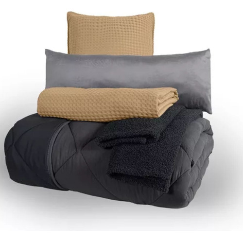 Juego De Edredón Shadow Negro Matrimonial / Queen Size con 2 fundas, 2 cojines y cubrecama Vianney