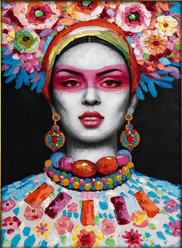 Quadro Canvas Pintura Abstrata Mulher Colorida Flores Modern