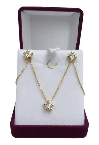 Conjunto Collar Aros  Punto De Luz Estrella Baño De Oro 18k